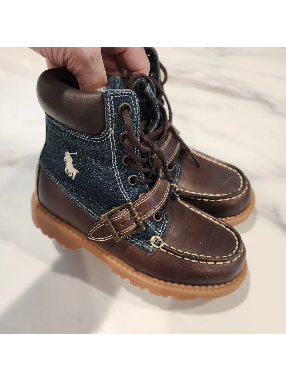 New Polo Ralph Lauren Kids Brown Leather and Denim Boots 11.5